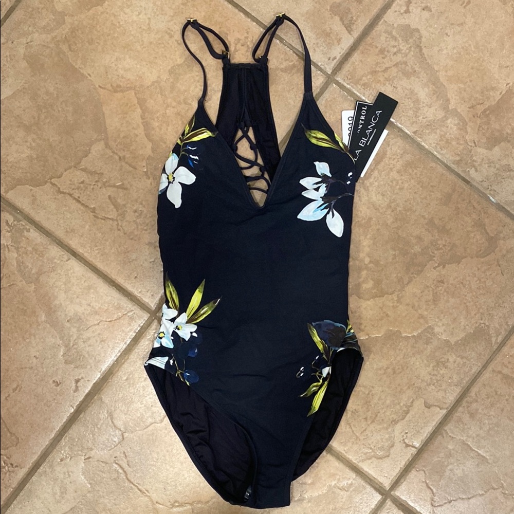 NWT La Blanca Black Floral One Piece strappy back Swimsuit size 6